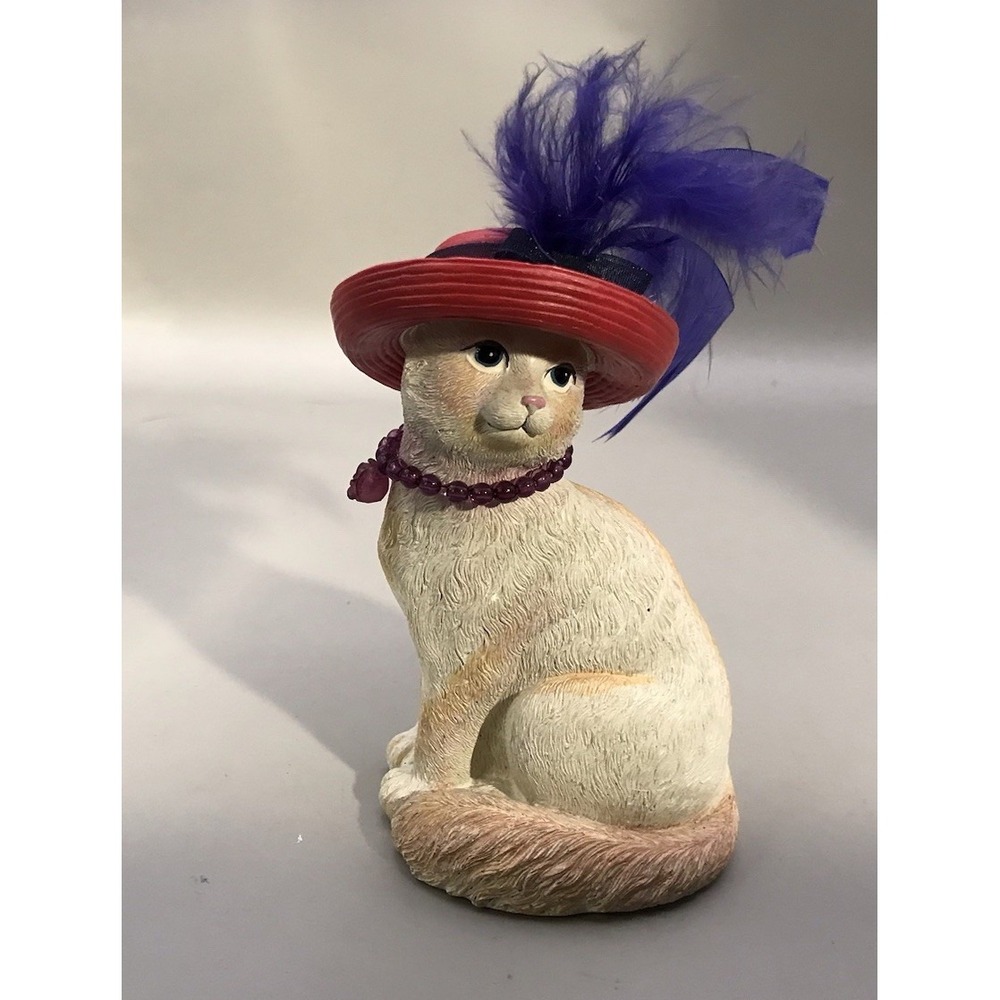 Pretty White Resin Kitty With A Red Hat‎ With Purple Feather